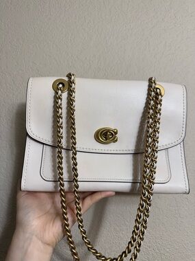 RARE Coach Parker Smooth Leather Shoulder Chain crossbody Bag Chalk Brass Chain